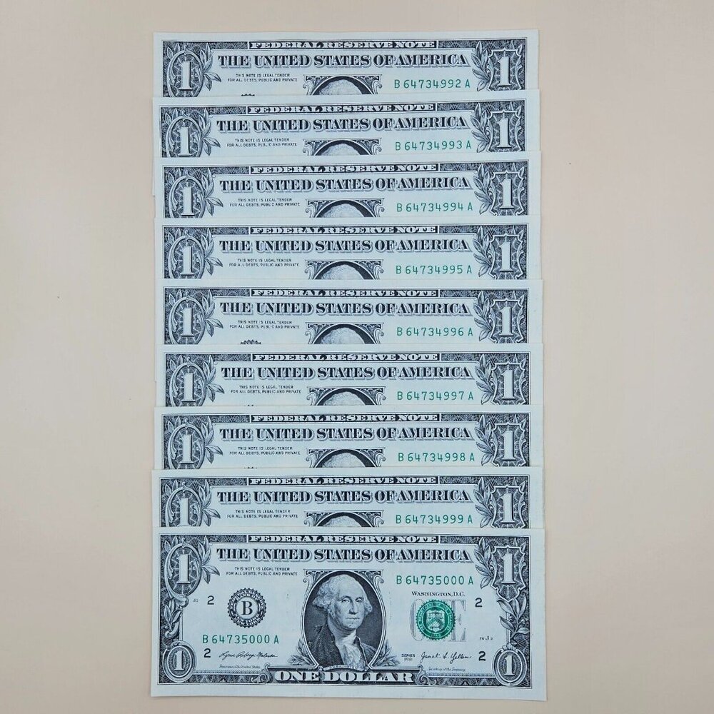 9 One Dollar Bills Uncirculated Sequential‎ (W/ SLEEVES) - Series 2021 (B199)